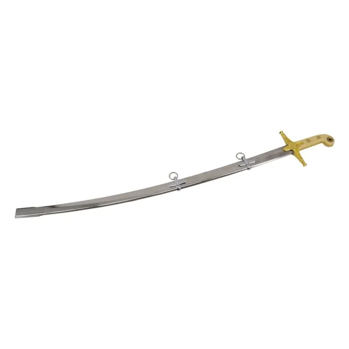 Espada 11481 Modelo de sable Americano, pomo y empuñadura de color beige, guarda de color dorado con acabados grabados, largo total 98,5 cm, hoja de acero, funda metálica