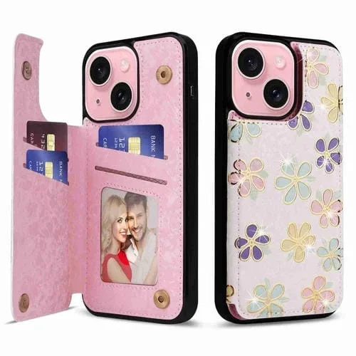 Estuche Antirrobo RFID para iPhone 15 Plus con Doble Hebilla Impresa (Flores Florecientes)