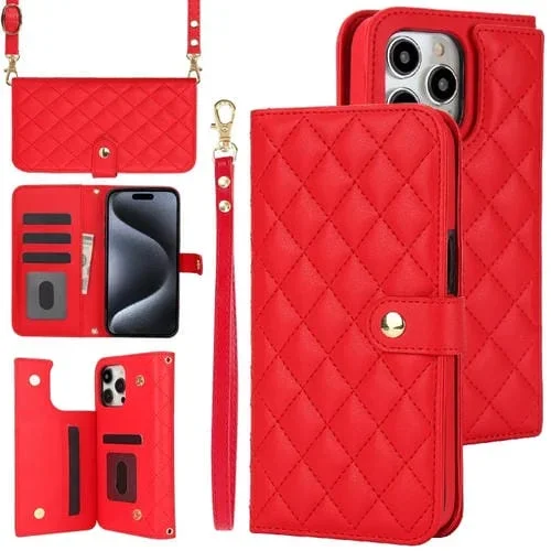 Estuche Crossbody para Teléfono iPhone 14 Pro Max Cuero Rómbico Multifunción (Rojo)