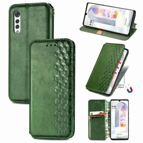 Estuche Cuero PU Magnético para LG Velvet 5G Cubic Grid con Soporte y Billetera (Verde)