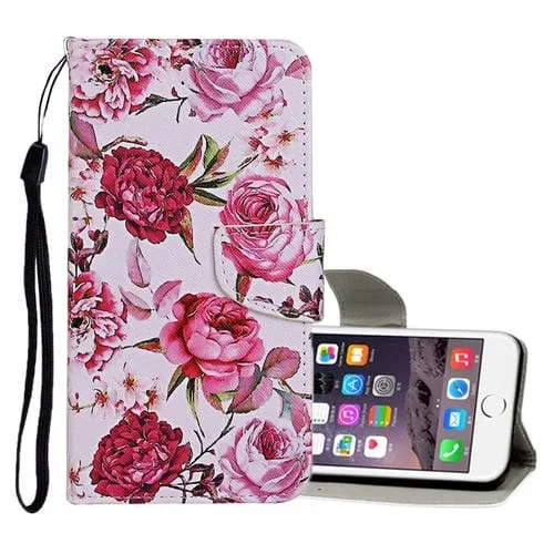 Estuche de Cuero Abatible Horizontal para iPhone 6 / 6S con Patrón Coloreado, Soporte, Ranuras para Tarjetas y Billetera (Peony)