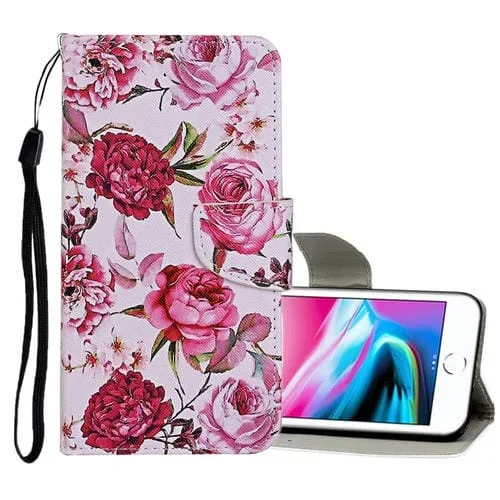 Estuche de Cuero Abatible Horizontal para iPhone 8/7 con Patrón Dibujo Coloreado, Soporte, Ranuras para Tarjetas y Billetera (Peony)
