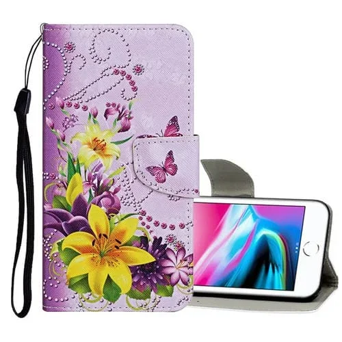Estuche de Cuero Abatible Horizontal para iPhone 8/7 con Patrón Mariposa de Flores Amarillas, Soporte, Ranuras para Tarjetas y Billetera