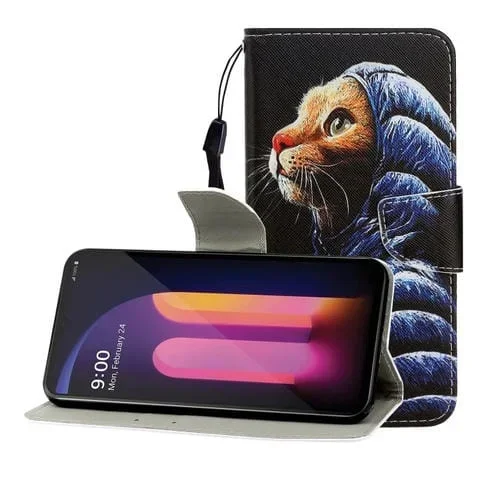 Estuche de Cuero Abatible Horizontal para LG V60 con Soporte, Ranura para Tarjeta y Billetera (Chaqueta de Plumón Gato)