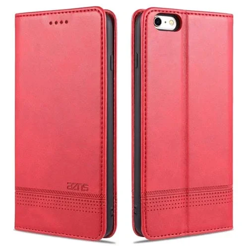 Estuche de Cuero Azns para iPhone 6 Plus con Tapa Horizontal Magnética, Ranuras para Tarjetas, Soporte y Billetera (Rojo)