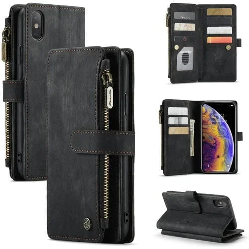 Estuche de Cuero Caseme-C30 para iPhone Xs Max con Tapa Horizontal, Soporte, Ranura para Tarjeta y Bolsillo con Cremallera (Negro)