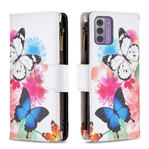 Estuche de Cuero con Cremallera para Nokia G42/G310 con Patrón de Mariposas