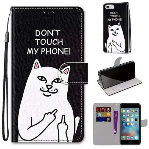 Estuche de Cuero de Pu para iPhone 6 / 6S con Tapa Horizontal, Soporte, Ranuras y Cordón (Gato Blanco de Dedo Medio)