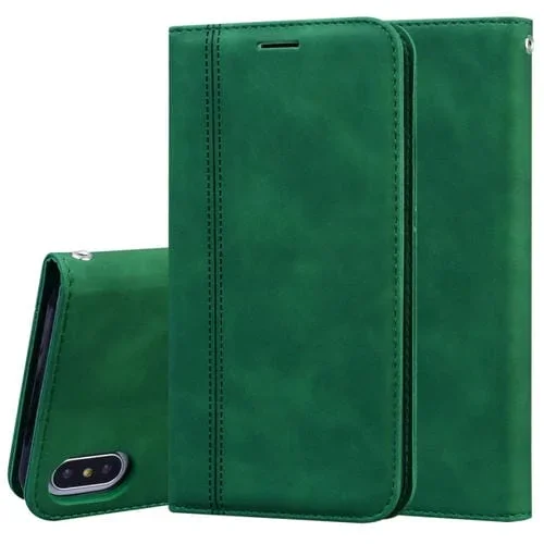 Estuche de Cuero de Pu para iPhone Xs / X con Tapa Horizontal Magnética, Soporte, Ranura para Tarjeta y Cordón (Verde)