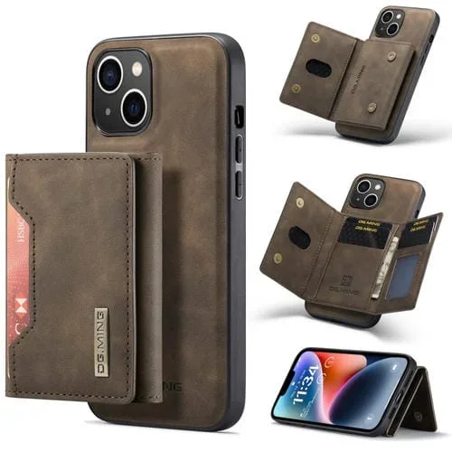 Estuche de Cuero Dg.Ming M2 Series para iPhone 14 con Bolsa de Tarjeta de 3 Pliegues (Café)
