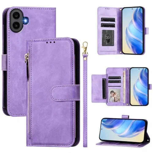Estuche de Cuero For Nothing cmf Phone 1 con Cremallera y Ranuras para Tarjetas (Morado)