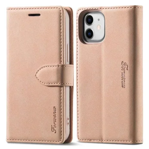 Estuche de Cuero FoRWenw F1 Series para iPhone 13 Mini con Tapa Horizontal de Magnetismo Fuerte Mate y Soporte (Oro Rosa)