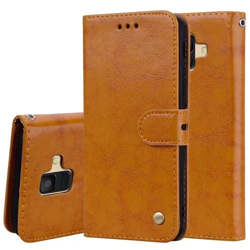 Estuche de Cuero Galaxy A6 (2018) con Tapa Horizontal, Soporte, Ranuras para Tarjetas y Billetera (Marrón)