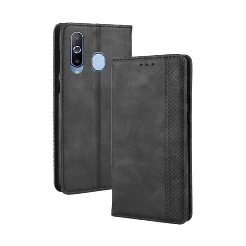 Estuche de Cuero Galaxy A60 Tapa Horizontal Textura Caballo Loco Retro Hebilla Magnética Soporte Ranuras Tarjetas Marco Fotos (Negro)