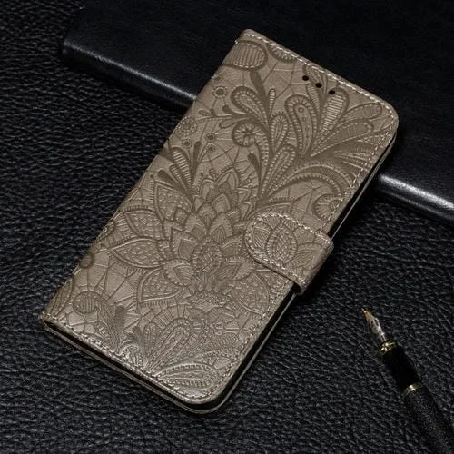 Estuche de Cuero Galaxy Note10 Tapa Horizontal Soporte Ranuras Tarjetas Billetera Marco Fotos Cordón (Gris)
