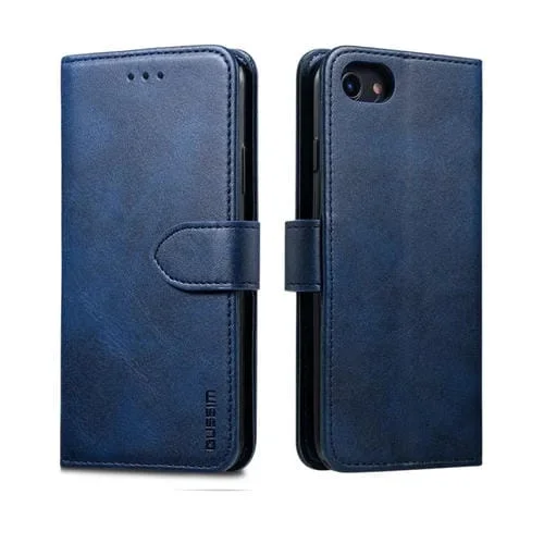 Estuche de Cuero Gussim para iPhone 8/7 con Tapa Magnética Horizontal, Soporte, Ranuras para Tarjetas y Billetera (Azul)