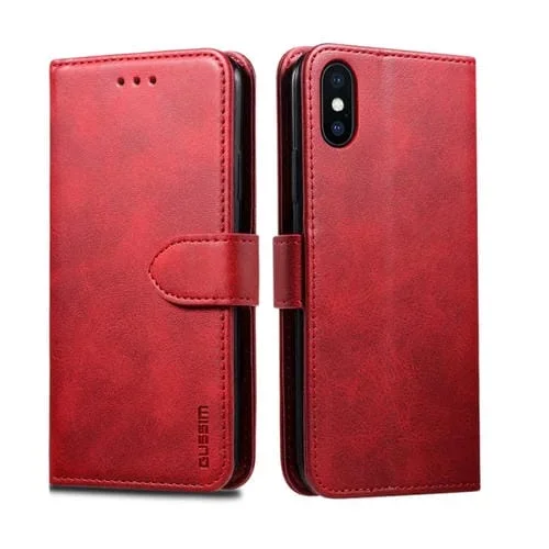 Estuche de Cuero Gussim para iPhone Xr con Tapa Horizontal Magnética, Soporte y Ranuras para Tarjetas (Rojo)