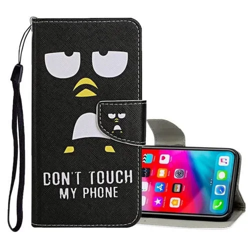 Estuche de Cuero iPhone Xs Max Patrón Dibujo con Tapa Horizontal Soporte y Ranuras para Tarjetas y Billetera (Pingüino)