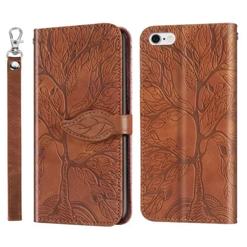 Estuche de cuero Life Of Tree para iPhone 6 Plus y 6S Plus con tapa horizontal, patrón en relieve, soporte, ranura para tarjeta, billetera, marco de fotos y cordón (Marrón)