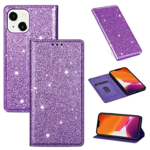 Estuche de Cuero Magnético para iPhone 14 con Brillo Ultrafino Max (Púrpura)