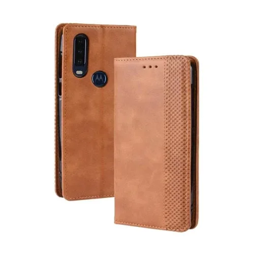 Estuche de Cuero Motorola One Action con Tapa Horizontal, Hebilla Magnética, Soporte y Ranuras para Tarjetas (Marrón)