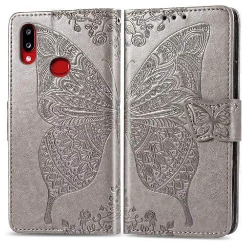 Estuche de Cuero para Galaxy A10S Butterfly Love Flowers con Tapa Horizontal en Relieve, Soporte, Ranuras para Tarjetas, Billetera y Cordón (Gris)