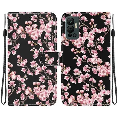 Estuche de Cuero para Infinix Hot 12 con Dibujo Coloreado y Textura de Cristal (Flor de Ciruelo)