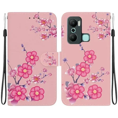 Estuche de Cuero para Infinix Hot 20 Play con Dibujo Coloreado y Textura de Cristal (Flores de Cerezo)