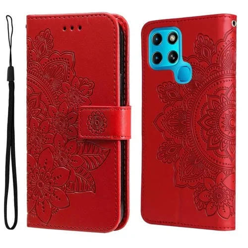Estuche de Cuero para Infinix Inteligente 6 Flores de 7 Pétalas en Relieve (Rojo)
