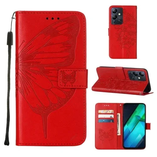 Estuche de Cuero para Infinix Note 12I 2023 y G85 con Mariposa en Relieve (Rojo)
