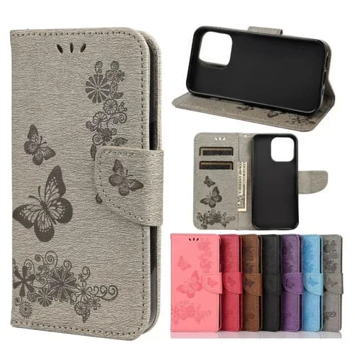 Estuche de Cuero para iPhone 13 Mini con Tapa Horizontal Patrón Mariposa Floral Ranura Tarjeta Soporte Billetera Cordón (Gris)