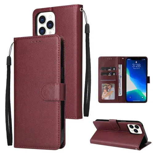 Estuche de Cuero para iPhone 13 Mini Tapa Horizontal Multifuncional con Ranuras para Tarjetas Soporte Marco de Fotos Cordón (Vino Tinto)