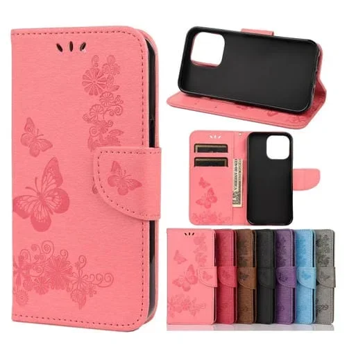 Estuche de Cuero para iPhone 13 Mini Tapa Horizontal Patrón Mariposa Floral Ranura Tarjeta Soporte Billetera Cordón (Rosa)