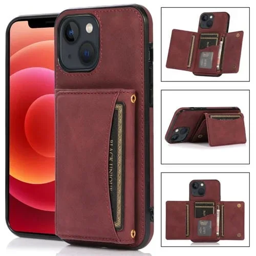 Estuche de Cuero para iPhone 13 Pro Tres Pliegues con Ranura para Tarjeta Billetera y Soporte (Rojo Vino)