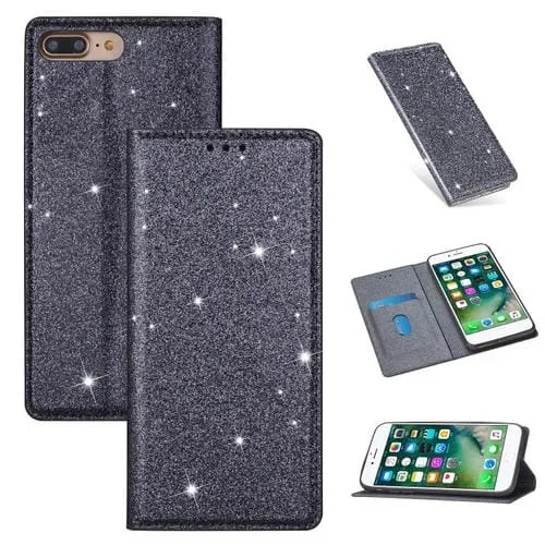 Estuche de Cuero para iPhone 8 Plus y 7 Plus con Tapa Horizontal Magnética Ultradelgada con Purpurina y Soporte (Gris)