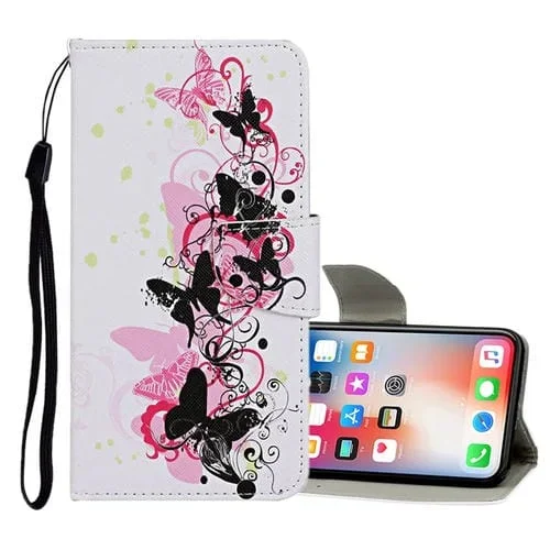 Estuche de Cuero para iPhone X / Xs con Tapa Horizontal Soporte Ranuras Tarjetas Billetera (Cuatro Mariposas)