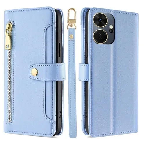 Estuche de Cuero para Itel P55 + 4G con Billetera, Cremallera y Textura de Oveja (Azul)