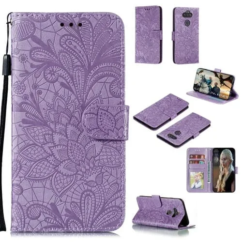 Estuche de Cuero para LG K31 con Tapa Horizontal, Soporte, Ranuras para Tarjetas, Billetera y Cordón (Púrpura)