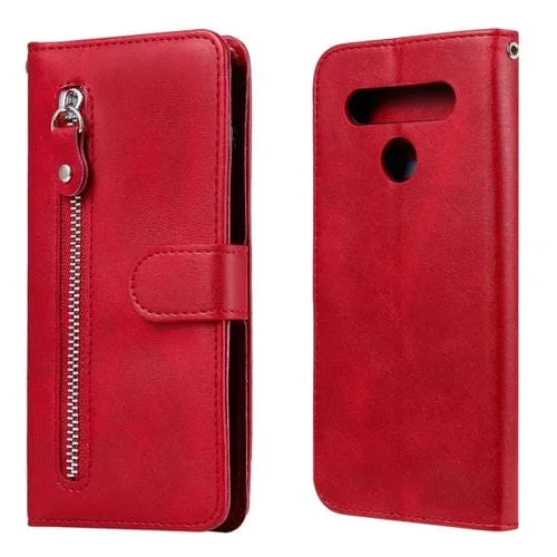 Estuche de Cuero para LG K41S K51S con Tapa Horizontal, Cremallera, Soporte, Ranuras para Tarjetas y Billetera (Rojo)