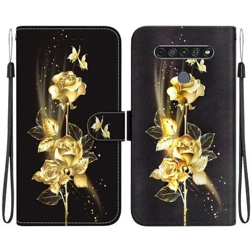 Estuche de Cuero para LG K61 con Dibujo Coloreado y Textura de Cristal (Mariposa Dorada Rosa)