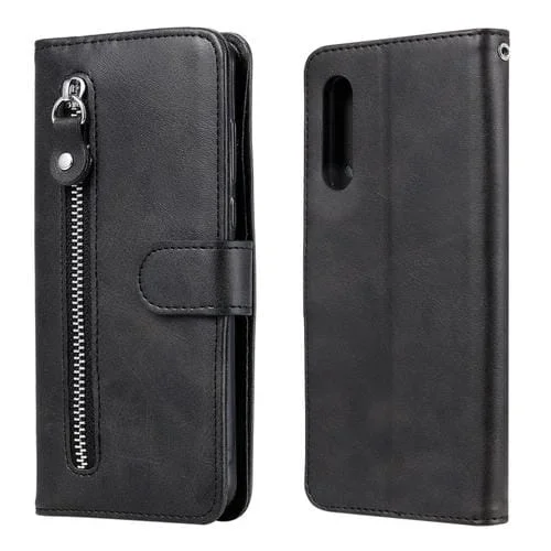 Estuche de Cuero para LG Velvet con Cierre Cremallera, Soporte, Ranuras y Billetera (Negro)
