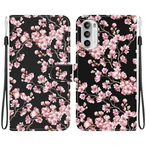 Estuche de Cuero para Motorola Moto G52J Jp con Dibujo Coloreado y Textura de Cristal (Flor de Ciruelo)