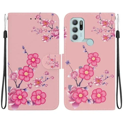 Estuche de Cuero para Motorola Moto G60S con Dibujo Coloreado y Textura de Cristal (Flores de Cerezo)