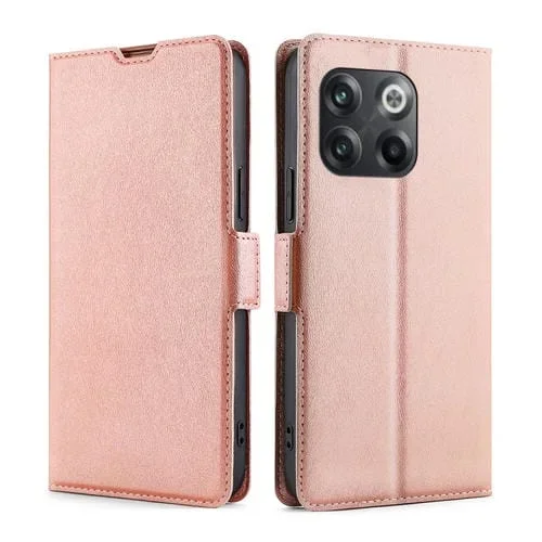 Estuche de Cuero para OnePlus 10T con Hebilla Lateral y Voltaje Ultrafino (Oro Rosa)
