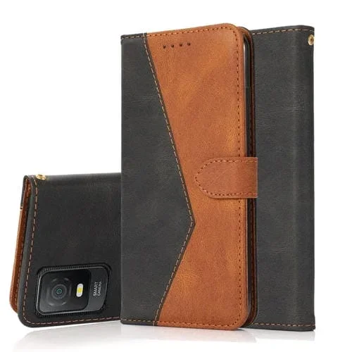Estuche de Cuero para TCL 403 con Costuras Dos Colores (Marrón Negro)