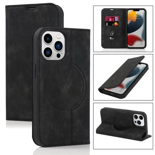 Estuche de Cuero para Teléfono iPhone 13 Pro Magsafe con Carga Inalámbrica (Negro)