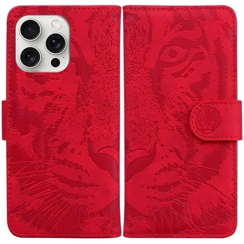 Estuche de Cuero para Teléfono iPhone 16 Pro Max con Patrón de Relieve de Tigre (Rojo)