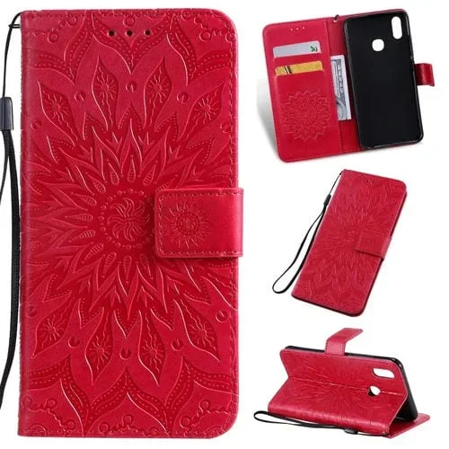 Estuche de Cuero Pu con Tapa Horizontal con Estampado de Girasol Estampado Prensado para Vivo Y93 / Y91 / Y95, con Soporte, Ranuras para Tarjetas, Billetera y Cordón (Rojo)