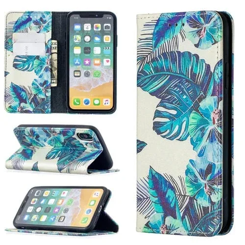Estuche de Cuero PU para iPhone X / Xs con Patrón de Dibujo a Color, Tapa Magnética Invisible, Soporte y Ranuras para Tarjetas (Hojas Azules)