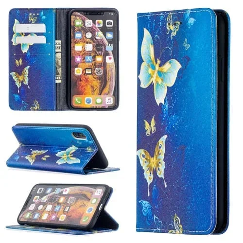 Estuche de Cuero PU para iPhone Xs Max Patrón Dibujo con Tapa Magnética Soporte Ranuras y Billetera (Mariposas Doradas)